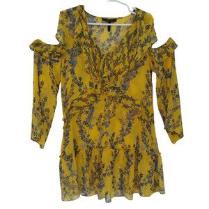 BCBGMaxAzria Yellow Floral Print Off Shoulder Polyester Dress, Size M.